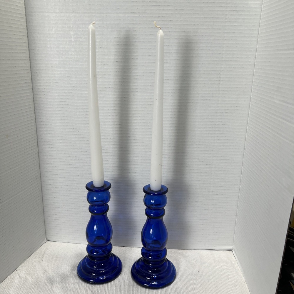 Vintage Cobalt Blue Glass Candle Holders-8"x4"